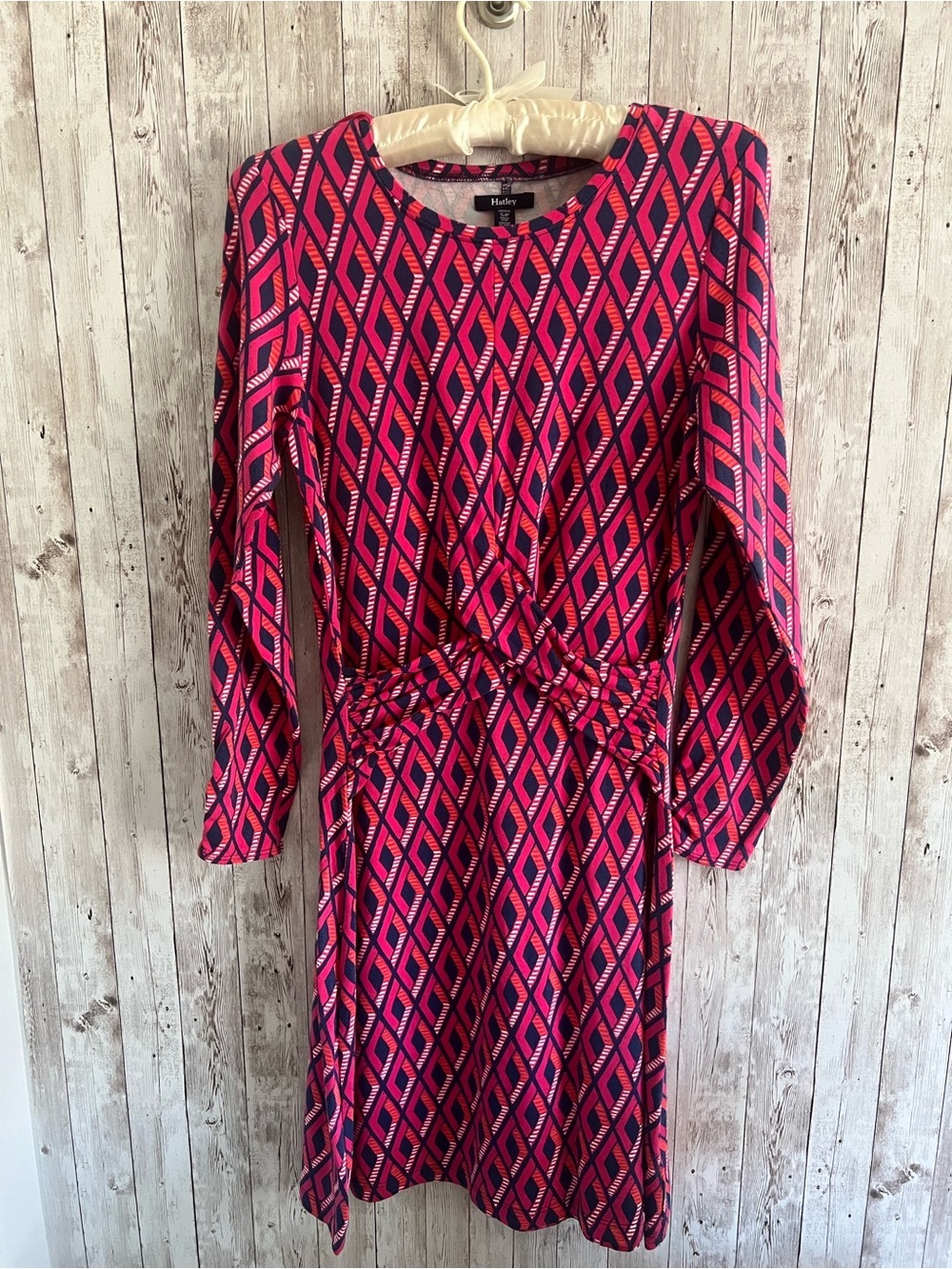 Hatley Pink & Navy Geometric Long-Sleeve Knot-Waist Dress Cotton Small